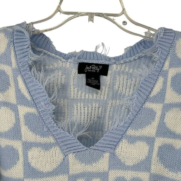 Checkerboard Sweater Blue Heart Oversized Fringe V Neck Crop Size M Just Polly - Picture 2 of 6